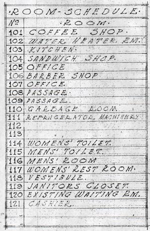 Grand Central Air Terminal, First Floor Room Schedule, August 13, 1929 (Source: Dickson)