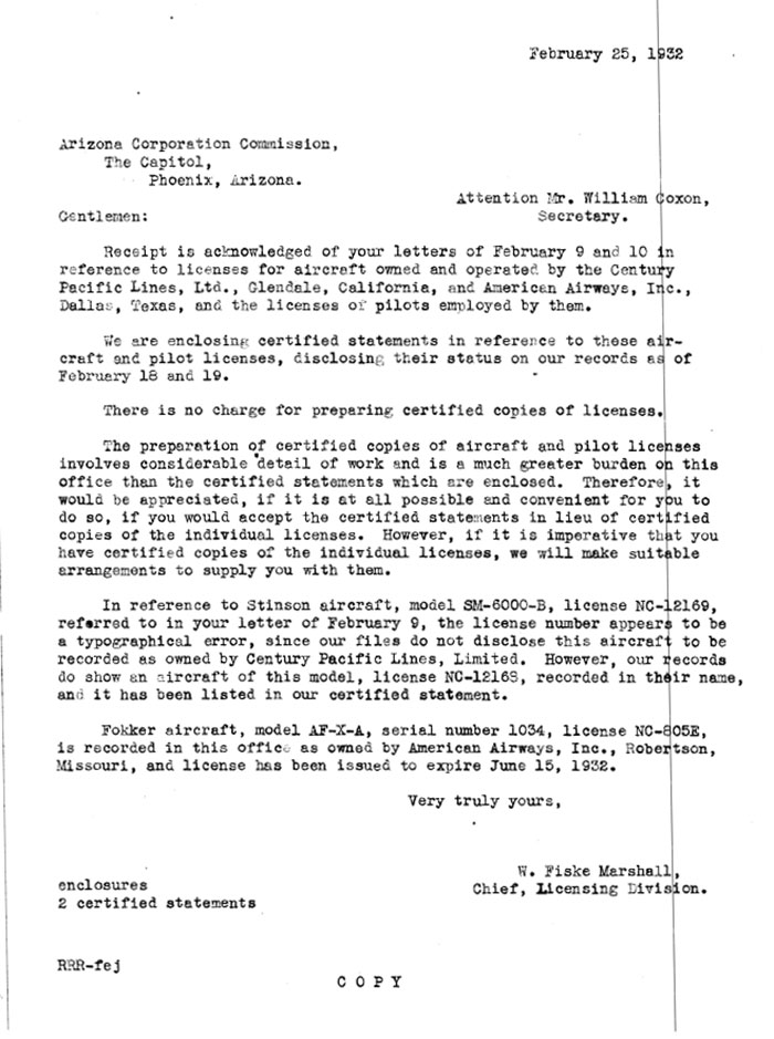 DOC Letter to Century-Pacific Lines, Ltd., February 25, 1932 (Source: Site Visitor) 