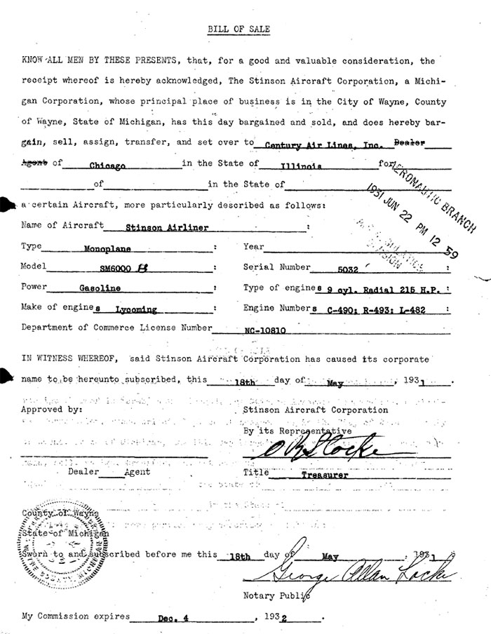 Stinson NC10810, Bill of Sale, May 18, 1931 (Source: Site Visitor)