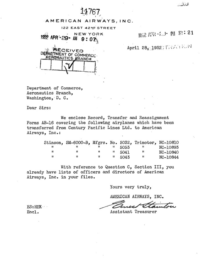 Transfer of Stinson NC10810 to American Airways, April 28, 1932 (Source: Site Visitor)