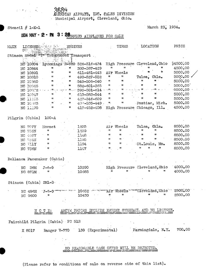 American Airways Airplane Sale, March 23, 1934 (Source: Site Visitor)