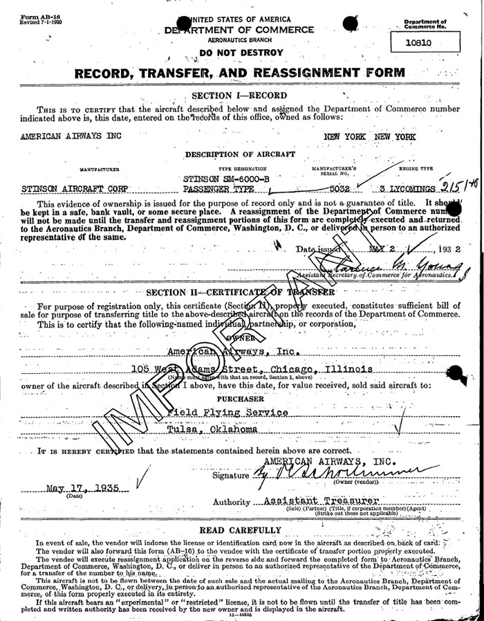Transfer of Stinson NC10810 to Field Flying Service, Chicago, IL, May 17, 1935 (Source: Site Visitor)