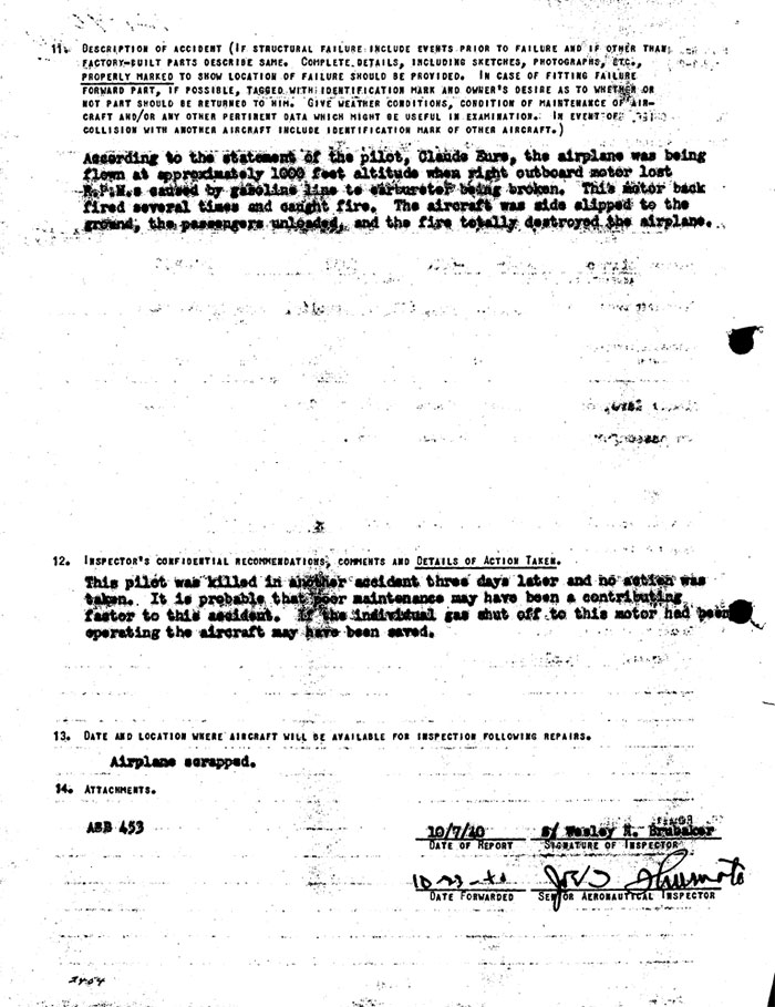 Stinson NC10810, Accident Report, October 2, 1940 (Source: Site Visitor)