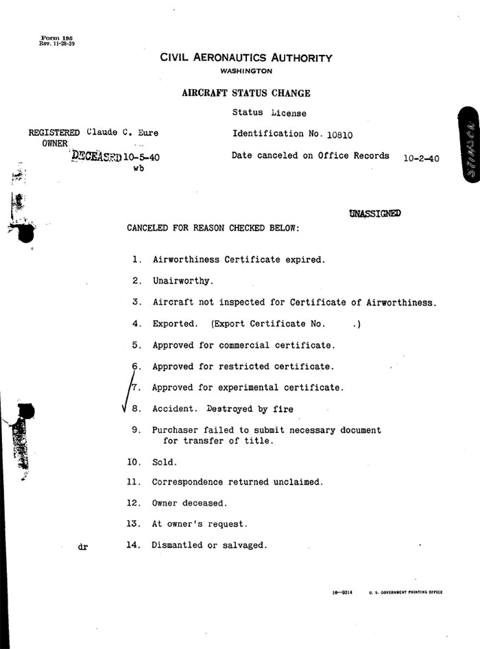 Stinson NC10810, Registration Cancellation, October 2, 1940 (Source: Site Visitor)