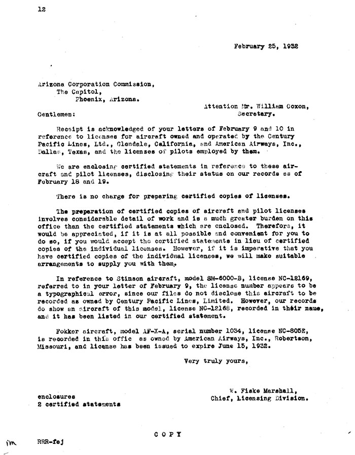 DOC Letter to Century-Pacific Lines, Ltd., February 25, 1932 (Source: Site Visitor)