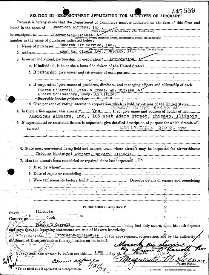 American to Monarch Air Service Transfer, April 16, 1935 (Source: Site Visitor)