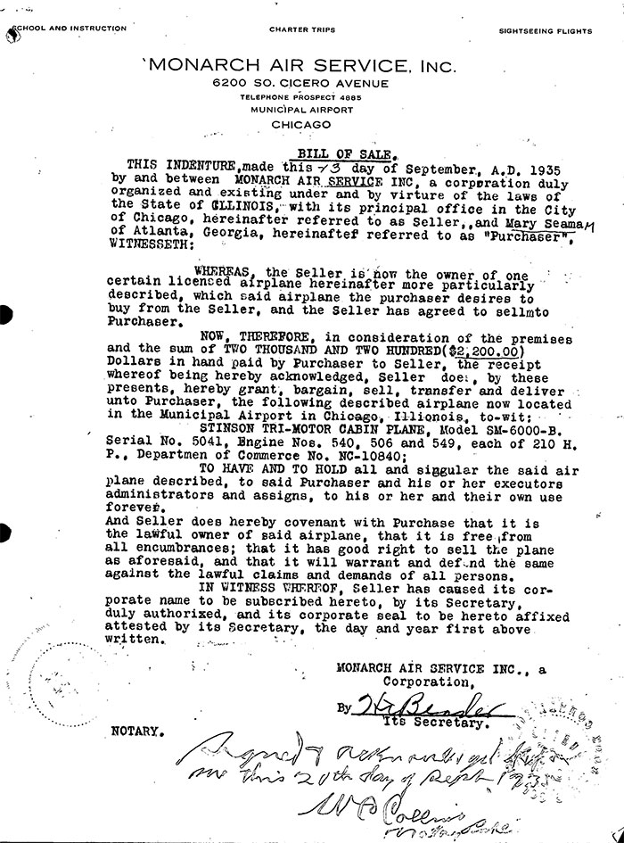 Stinson NC10840 Bill of Sale, September 13, 1935 (Source: Site Visitor)