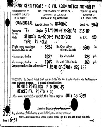 Stinson NC10840, Registration Exp. July 15, 1939 (Source: Site Visitor)