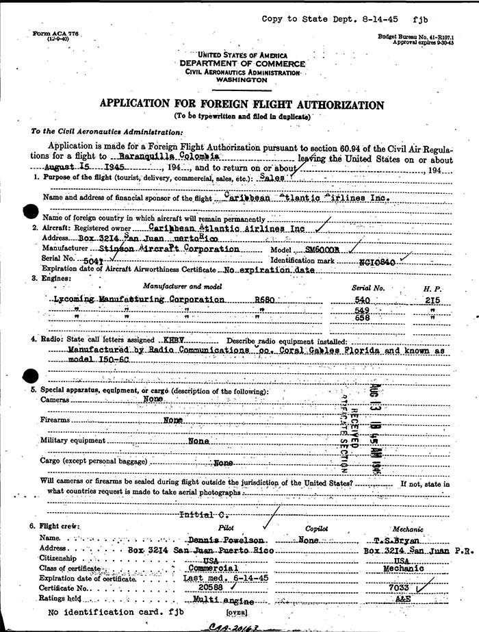 Stinson NC10840, Flight Authorization, August 15, 1945 (Source: Site Visitor)