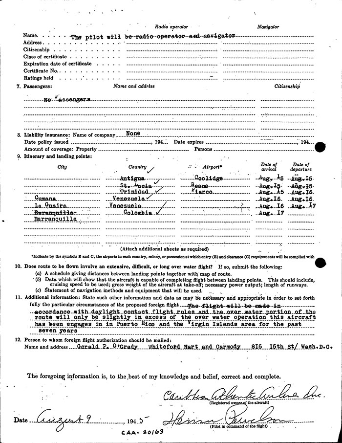 Stinson NC10840, Flight Authorization, August 15, 1945 (Source: Site Visitor)