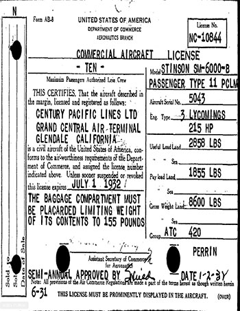 Stinson NC10844, Registration, June, 1931 (Source: Site Visitor)