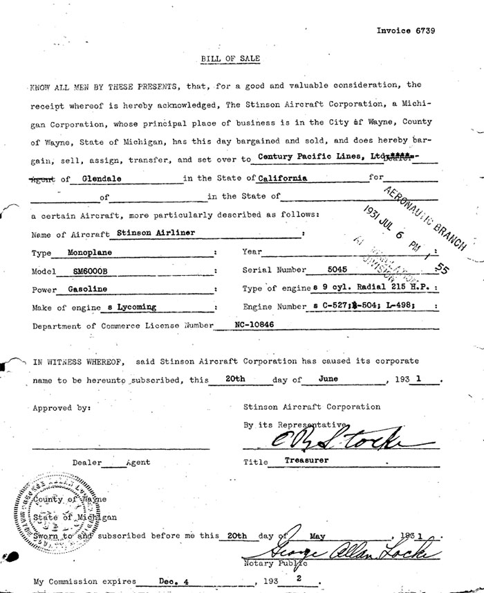 Bill of Sale, Stinson NC10846, June 19, 1931 (Source: Site Visitor) 