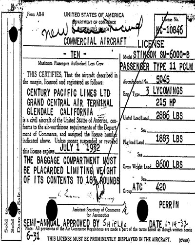 Stinson NC10846, Registration, July, 1931 (Source: Site Visitor) 