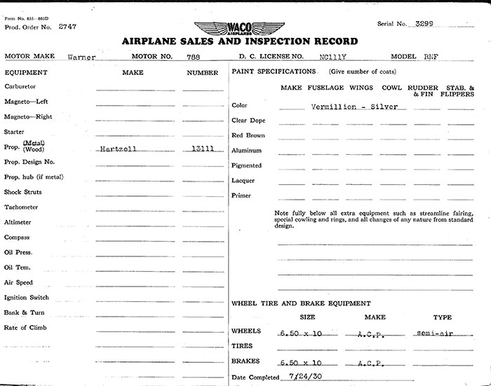 Manufacturing Specifications, Waco NC111Y, July 24, 1930 (Source: Heins)