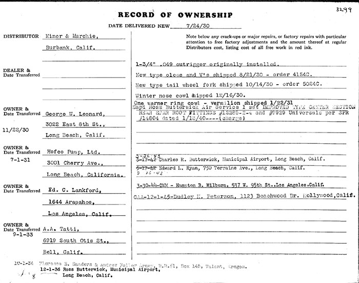 Manufacturing Specifications, Waco NC111Y, July 24, 1930 (Source: Heins)