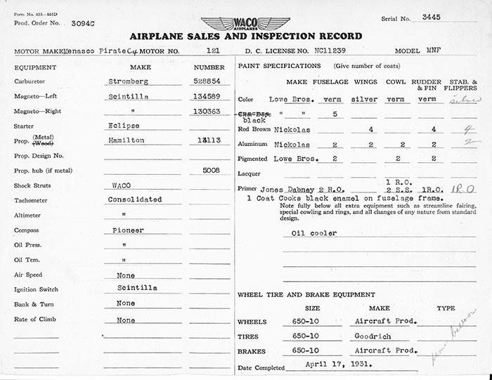 Manufacturing Specifications, Waco NC11239, April 17, 1931 (Source: Heins) 