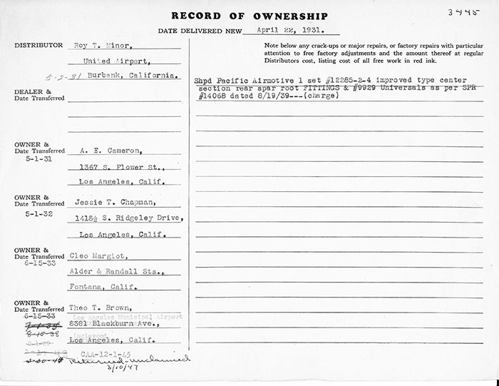 Manufacturing Specifications, Waco NC11239, April 17, 1931 (Source: Heins) 