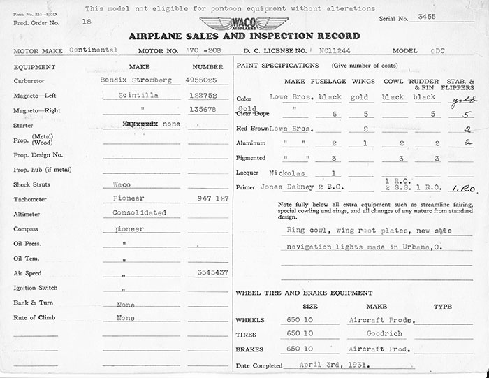 Manufacturing Specifications, Waco NC11244, April 3, 1931 (Source: Heins)