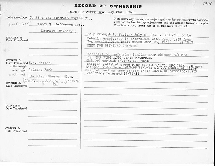 Manufacturing Specifications, Waco NC11244, April 3, 1931 (Source: Heins)