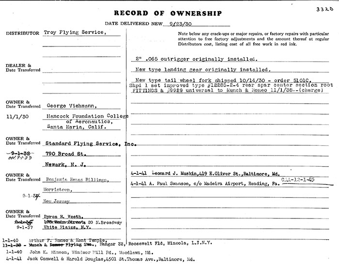 Manufacturing Specifications, Waco NC133Y, September 2, 1930 (Source: Heins) 