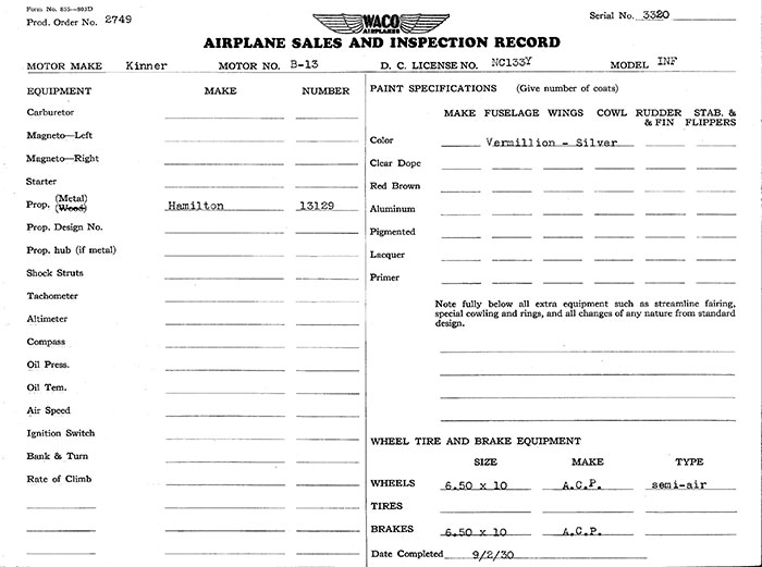 Manufacturing Specifications, Waco NC133Y, September 2, 1930 (Source: Heins)