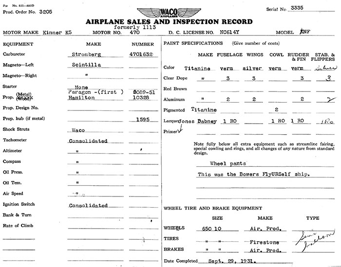 Manufacturing Specifications, Waco NC614Y, September 29, 1931 (Source: Heins) 