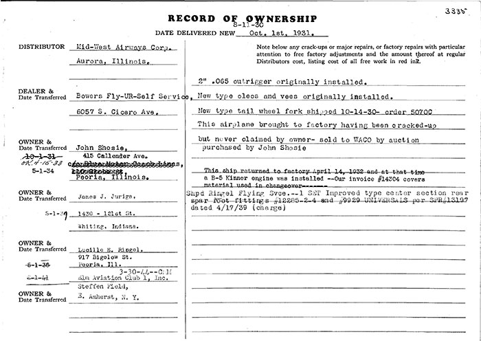 Manufacturing Specifications, Waco NC614Y, September 29, 1931 (Source: Heins) 