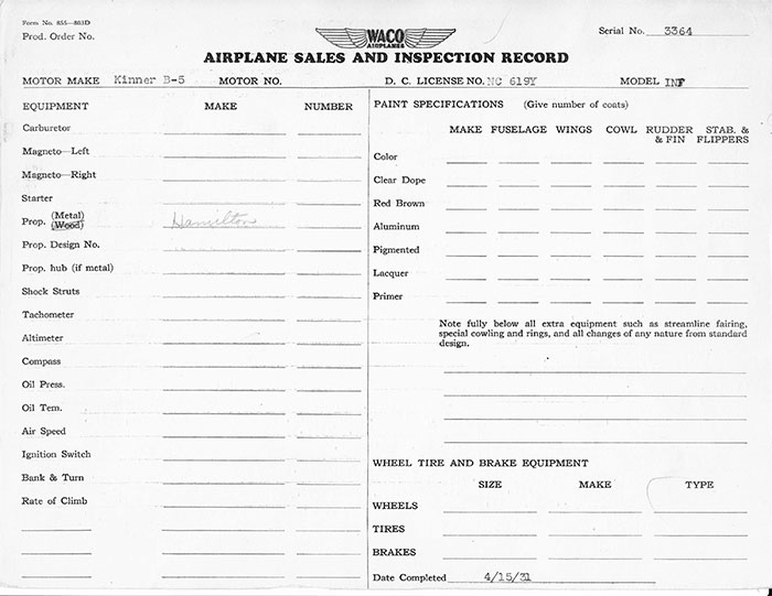 Manufacturing Specifications, Waco NC619Y, April 15, 1931 (Source: Heins) 