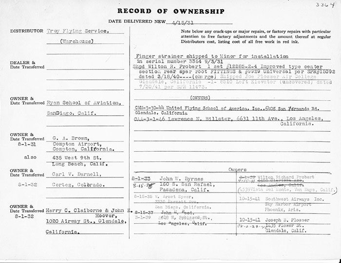 Manufacturing Specifications, Waco NC619Y, April 15, 1931 (Source: Heins) 