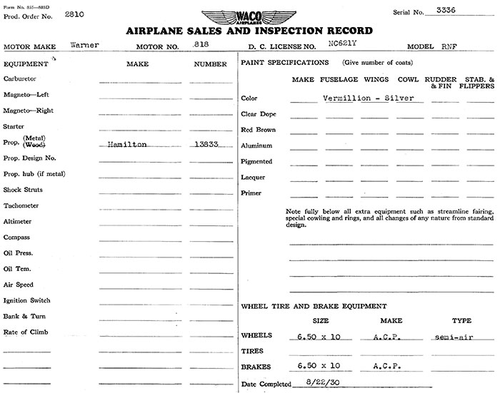 Manufacturing Specifications, Waco NC621Y, August 22, 1930 (Source: Heins) 