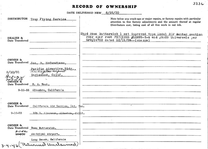 Manufacturing Specifications, Waco NC621Y, August 22, 1930 (Source: Heins) 