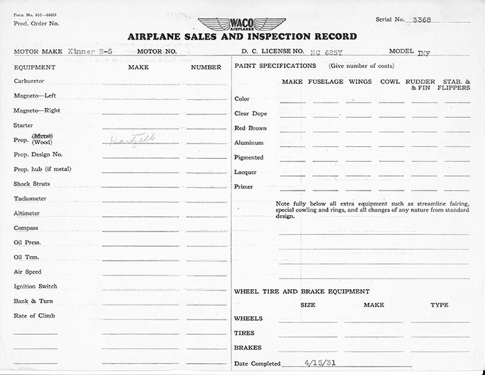 Manufacturing Specifications, Waco NC625Y, April 15, 1931 (Source: Heins) 