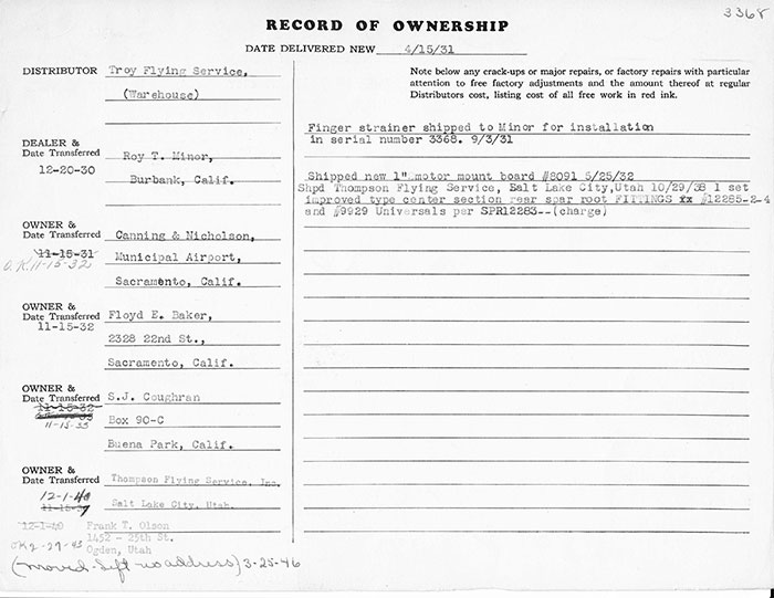 Manufacturing Specifications, Waco NC625Y, April 15, 1931 (Source: Heins) 