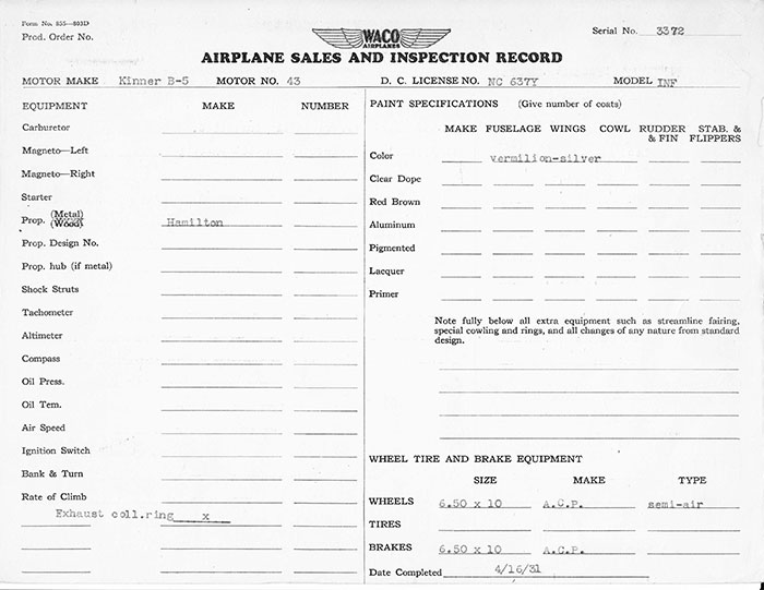 Manufacturing Specifications, Waco NC637Y, April 16, 1931 (Source: Heins)