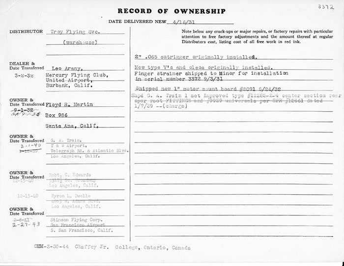 Manufacturing Specifications, Waco NC637Y, April 16, 1931 (Source: Heins) 