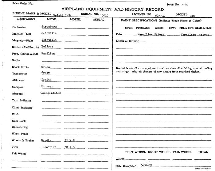 Original Waco Sales Sheet, NC719E (Source: Heins)