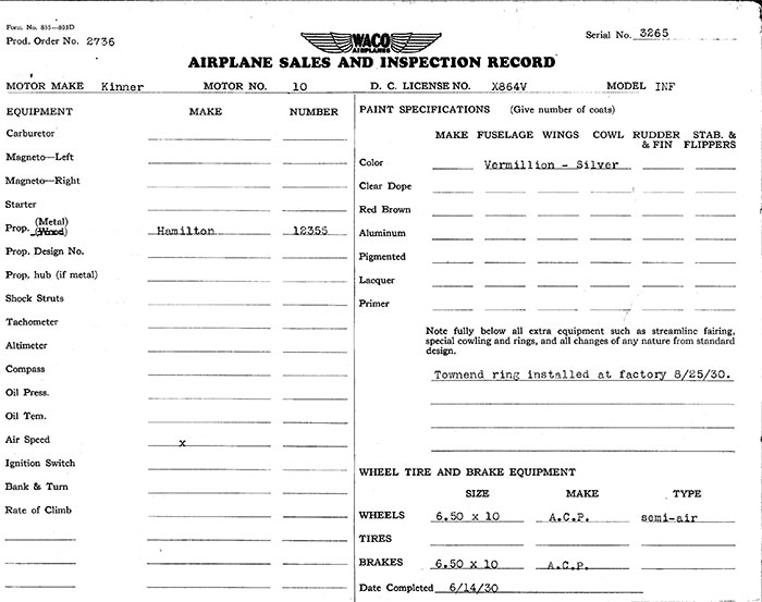 Manufacturing Specifications, Waco NC864V, June 14, 1930 (Source: Heins) 