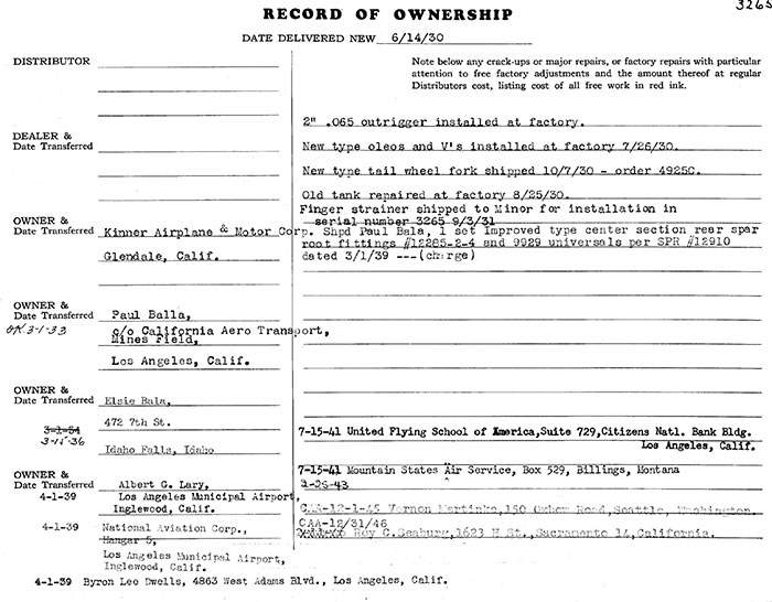 Manufacturing Specifications, Waco NC864V, June 14, 1930 (Source: Heins) 