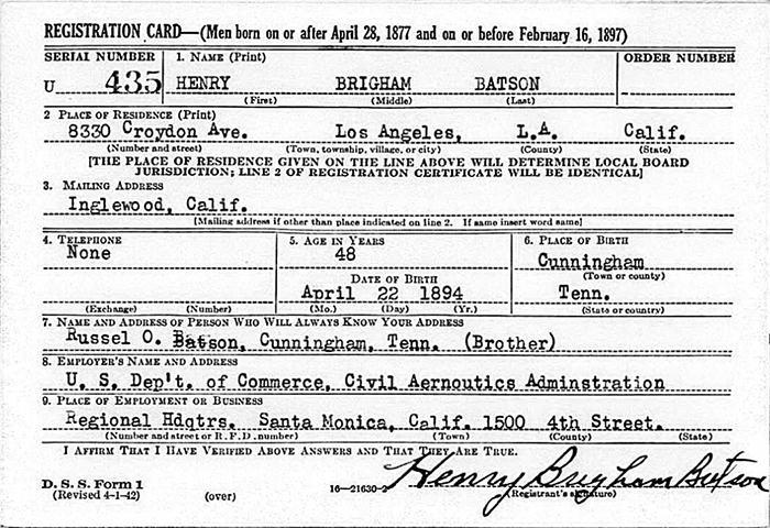 Henry B. Batson, Draft Card, 1942 (Source: ancestry.com)