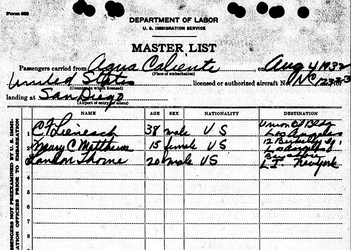 C.F. Lienesch, Immigration Form, August 8, 1932 (Source: Ancestry.com)