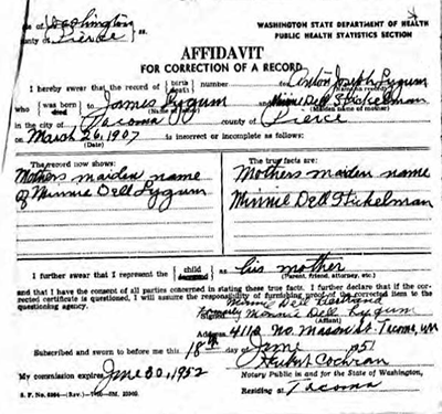 A.J. Lygum, Birth Certificate Correction, 1951 (Source: ancestry.com) 