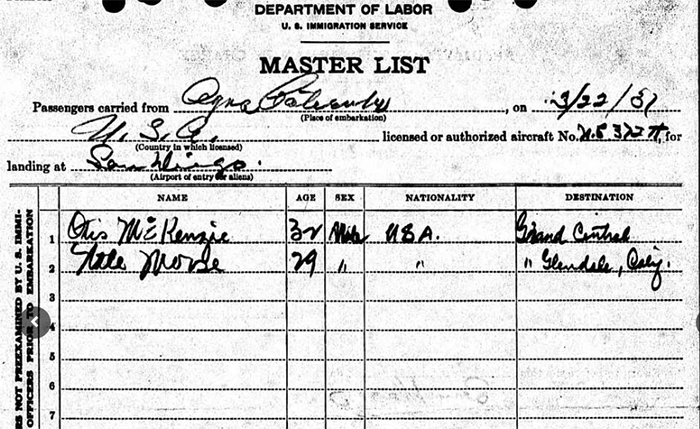 Otis McKenzie/Nate Morse, Travel From Agua Caliente, Mexico in NC372H (Source: ancestry.com) 
