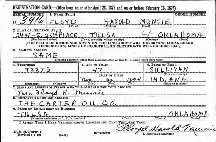 F.H. Muncie, WWII Draft Registration, April 27, 1942 (Source: ancestry.com)