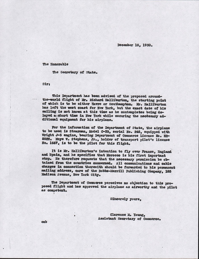 DOC Letter to Secretary of State, December 18, 1930 (Source: FAA)